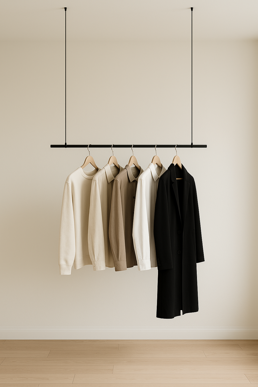Minimal industrial hanging clothing rack suspended from the ceiling with black cords, holding neutral-toned garments in a modern interior.