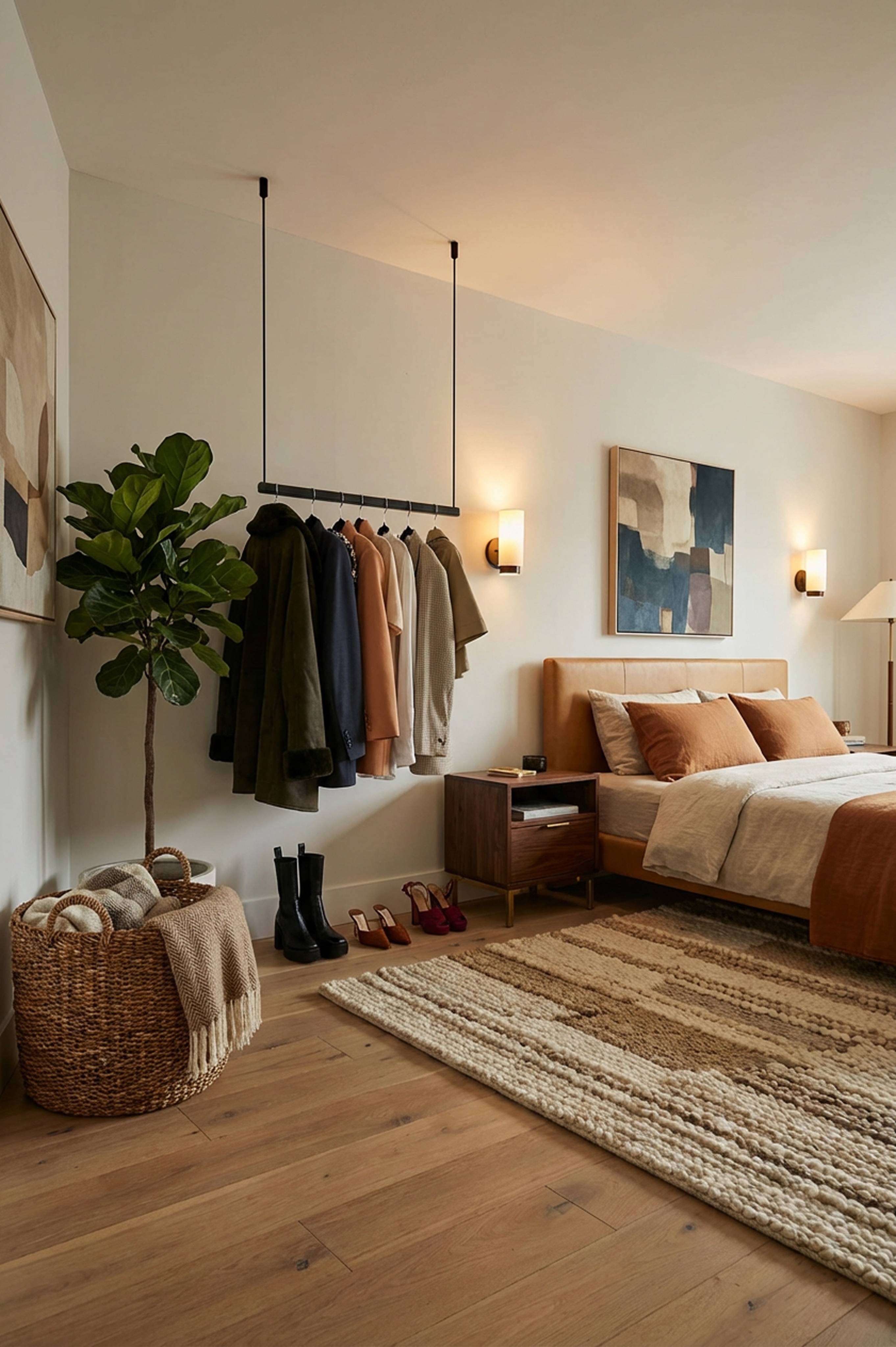 Minimalist Loft Wardrobe Ideas With Ceiling Clothing Racks