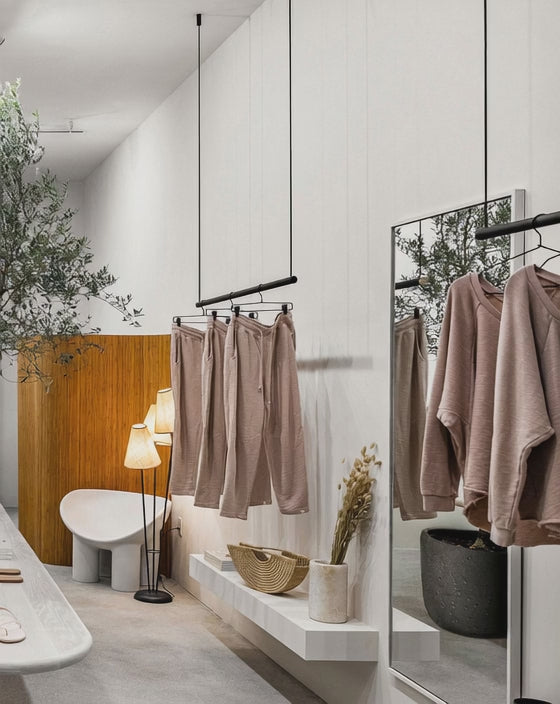 Retail hanging clothing displays in a boutique store