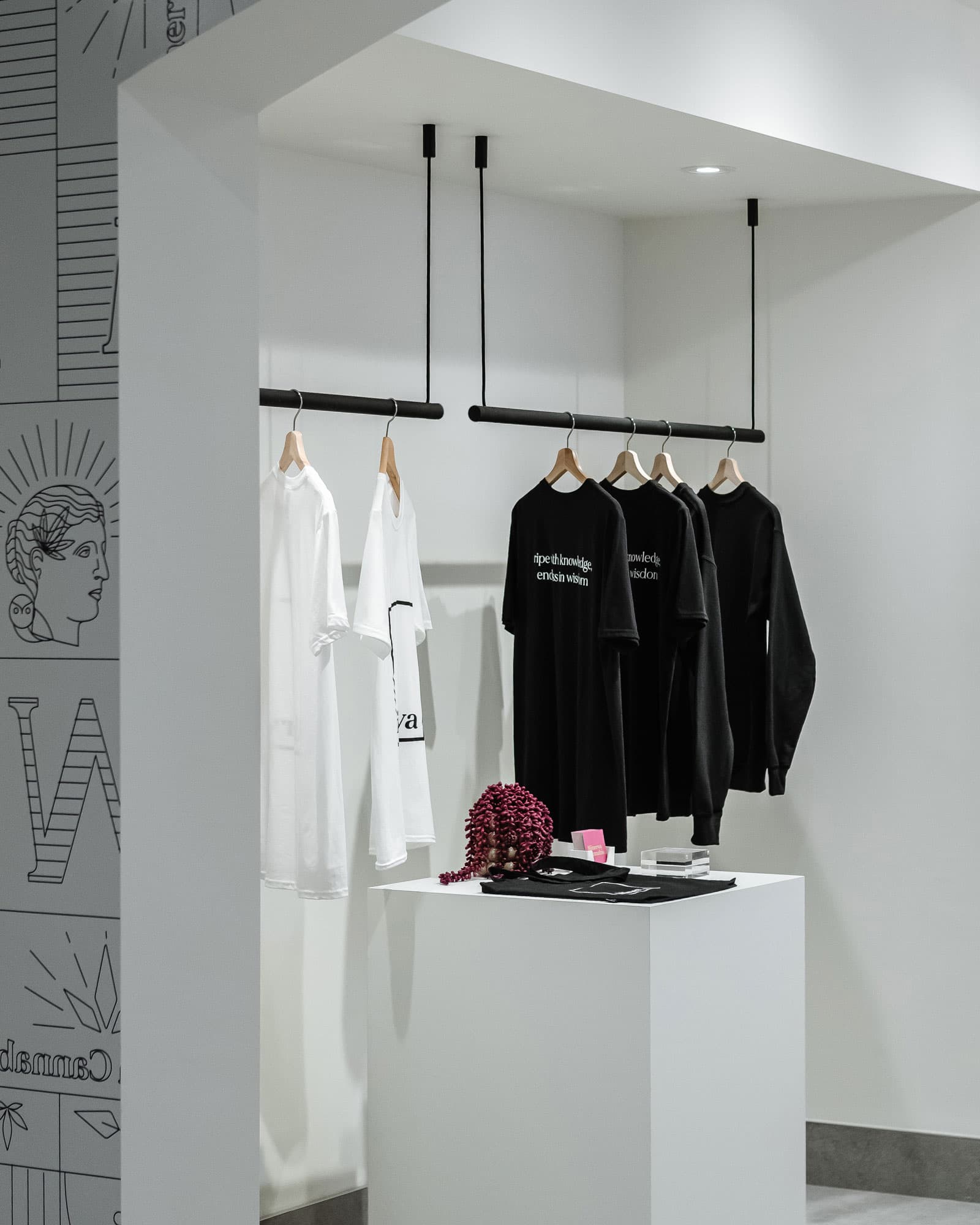 Clothing rack with black and white shirts in a minimalistic setting